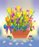 Fototapeta  - Easter composition with a basket of flowers and Easter eggs