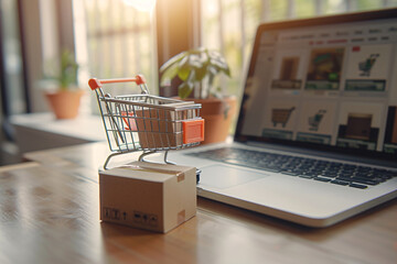 Wall Mural - A laptop computer is open to a website with a shopping cart on it