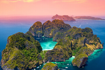 Wall Mural - Amazing aerial view of Phi Phi Leh with paradise beach on Maya Bay in Krabi, Concept touristic landmark of Thailand, travel photo by drone