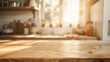 kitchen table background, wood counter top on blur of white clean abstract home interior with bokeh.  used for display or montage your wooden for dining background. tabl banner, podium