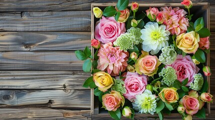 Canvas Print - Generative AI : floral arrangement in the box, pink eustoma, green and pink chrysanthemum, white carnation, 