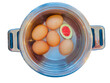Jajka ugotowane na twardo w wodzie w garnku metalowym. Timer do mierzenia czasu gotowania wskazujący twardość. Widok z góry. Przezroczyste tło.