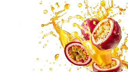 Poster - Generative AI : Red passion fruit with passionfruit juice splash flying in the air isolated on white background.