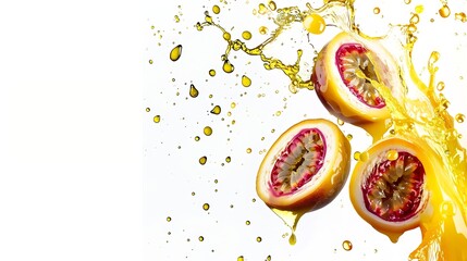 Poster - Generative AI : Red passion fruit with passionfruit juice splash flying in the air isolated on white background.