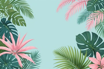 Tropical palm leaves and branches on a blue background, horizontal composition