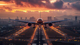 Fototapeta  - passenger plane fly up over take-off runway from airport at sunset --no dark picture logo --chaos 7 --ar 16:9 --style raw --stylize 950 Job ID: 0215798d-ebca-4c75-89bc-57ed26bf362a