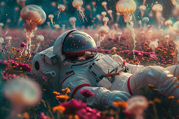 an astronaut laying in a colorful flower field, stars in the sky, large jellyfish in the sky, cinema