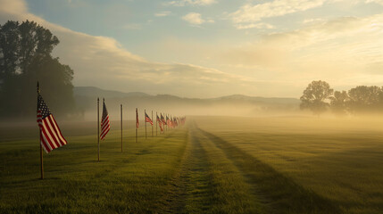 Wall Mural - An early morning mist enveloping the field of flags, creating an ethereal and solemn atmosphere, Memorial Day, with copy space