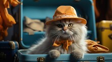 A Fluffy Red Cat-traveler Sits In A Suitcase With Clothes. Theme Of Tourism And Travel.