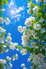 Poster - White Flowers and Green Leaves Against a Blue Sky