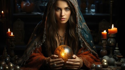 A young beautiful charming fortune teller girl holds a magic ball with predictions in her hands. Theme of mysticism and witchcraft.