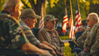 A group of veterans sharing stories and memories in a park, with American flags in the background, Memorial Day, with copy space