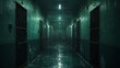 Dimly lit prison corridor with ominous barred doors