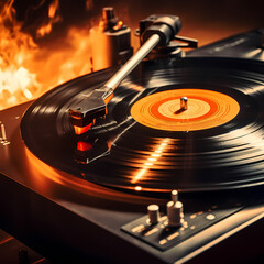 Poster - Close-up of a vinyl record spinning on a turntable 