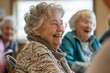 Radiant elderly lady smiling, surrounded by friends at a cozy event