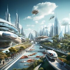 Wall Mural - Collage of different transportation modes in a futuristic city