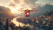 3D illustration of a drone delivering medicine over a scenic landscape depicting future healthcare delivery