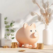 Golden Coins Around Pink Piggy Bank, Money Saving For Investment And Financial Planing Concept By 3d Render.