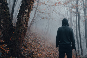 Wall Mural - A hooded man back to camera. Standing in a spooky, eerie forest. On a creepy foggy winters day.