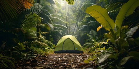 Wall Mural - a green tent is set up in a jungle. the tent is small and is surrounded by trees and plants. the sce