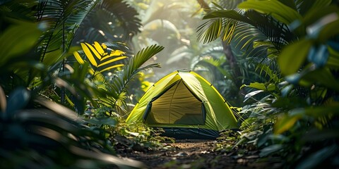 Wall Mural - A green tent is set up in a jungle. The tent is small and is surrounded by trees and plants. The scene is peaceful and serene