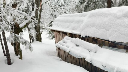 Wall Mural - Winter Carpathians, Transcarpathian small farm high in the mountains, a lonely house and two cowsheds, fox tracks on the roof, wild forest all around