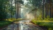 © lelechka - Dark green Wet misty road trough forest after rain
