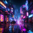 Neon-lit street in a cyberpunk metropolis.