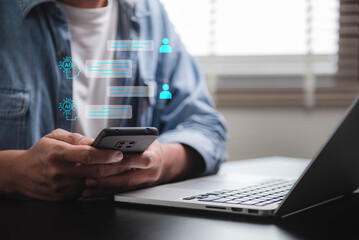 Aufkleber - Digital chatbots are used by customers access to data and information in online networks, service applications, worldwide connectivity, artificial intelligence (AI), innovation, and technology.
