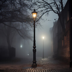 Wall Mural - Old-fashioned streetlamp in a foggy alley. 