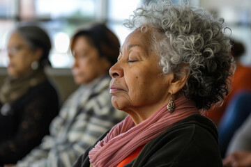 Elderly woman with closed eyes meditating peacefully during a communal relaxation activity