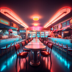 Poster - Retro diner with neon signs. 