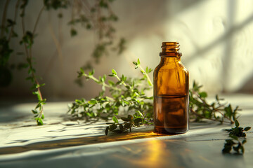 Wall Mural - A bottle of aromatherapy essential oil with fresh thyme twigs on a sunny day