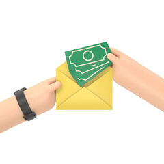 Hands businessman holding envelope with cash. American dollars. Open envelope with money. 3D illustration flat design. Finance concept of corruption and bribery.Supports PNG files with transparent bac