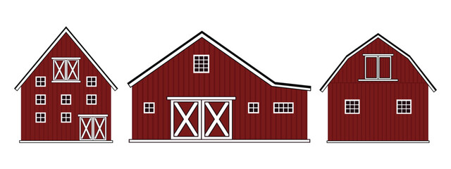 Wall Mural - Set of doodle cartoon alone red wooden barn house, roof, windows and doors with crossed white boards. Vector Outline isolated hand drawn illustrations on white background, front view