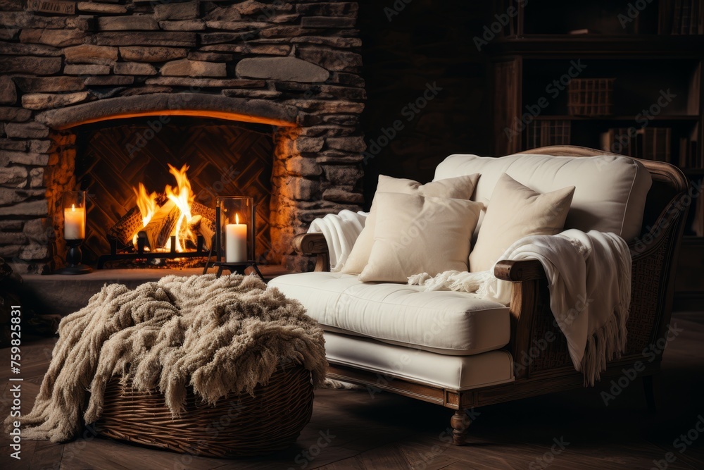 Scandinavian hygge living room with rattan lounge chair and white sofa ...