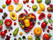 Eine große Menge Früchte, Obst und Gemüse liegen auf einem Tisch und formen ein menschliches Herz