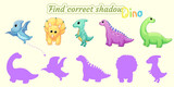 Fototapeta  - Find the correct shadow of the different dinosaurs.Educational matching game for children. Cartoon vector illustration.