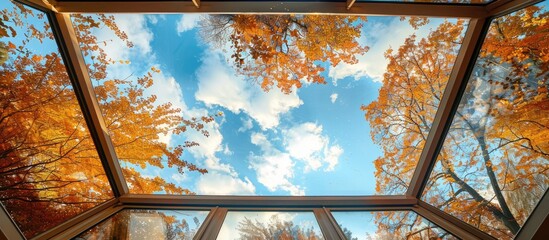 Wall Mural - View of cloudy sky through tilted glass roof, autumn ambiance