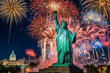 A statue of liberty is lit up with fireworks in the background