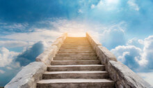 Stone Stairs Rises To Haven, Blue Sky With White Clouds. Freedom And Dream Concept.