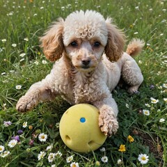 Wall Mural - 3D rendering: a meadow with wildflowers and a beautiful apricot poodle lying on its back and holding a large ball in its paws, high resolution