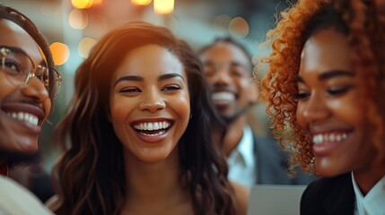 Wall Mural - A group of multicultural business professionals laughing together in a well-lit office space. Generative AI.