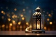 © Creative Tara - Ramadan Kareem greeting card. Ramadan lantern with dates and burning candle on wooden table
