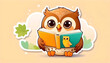 A baby owl wearing glasses and holding a book with a smile on its face