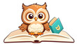 A cartoon illustration of a baby owl with glasses and a book with colorful stickers and a white background
