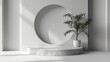 Plataforma fotografica vacia para presentacion de productos y foto montaje en un estilo moderno en tonos blanco con texturas de roca y una planta decorativa. Render 3D en vista frontal