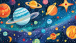 © dragonflypor9 - Vibrant and playful illustration of the solar system with colorful planets, stars, and cosmic elements, perfect for educational materials.
