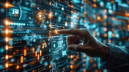 Aufkleber - Close-up hand of businessman pointing graphics reflecting future trends in online business and financial sector technologies. Generative AI.