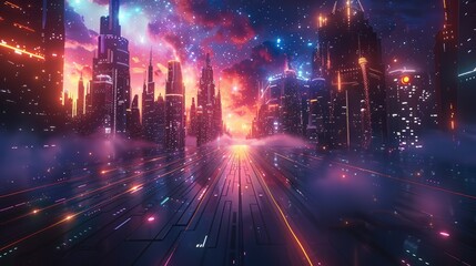 Wall Mural - A colorful futuristic space city with stars in a dark sky. Generative AI.